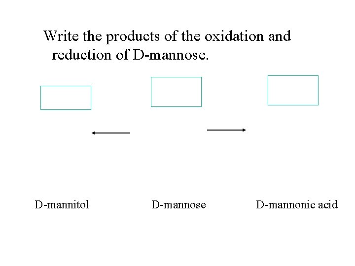 Write the products of the oxidation and reduction of D-mannose. D-mannitol D-mannose D-mannonic acid