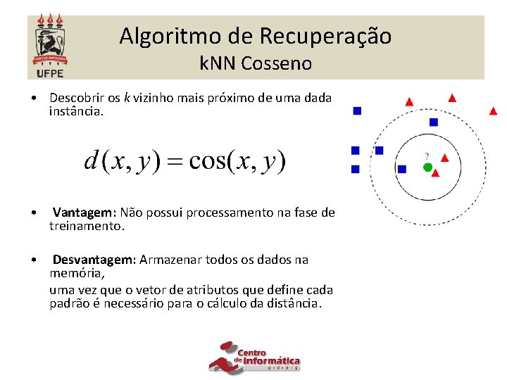 Algoritmo de Recuperação k. NN Cosseno • Descobrir os k vizinho mais próximo de