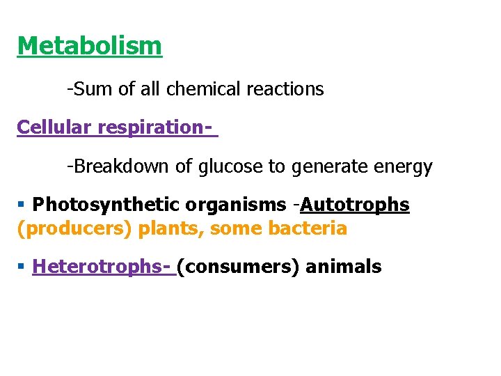 Metabolism -Sum of all chemical reactions Cellular respiration-Breakdown of glucose to generate energy §