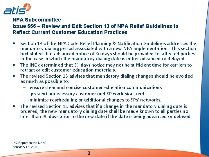 NPA Subcommittee Issue 666 – Review and Edit Section 13 of NPA Relief Guidelines