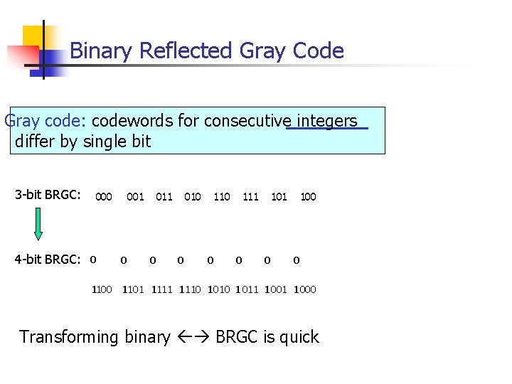 Binary Reflected Gray Code Gray code: codewords for consecutive integers differ by single bit