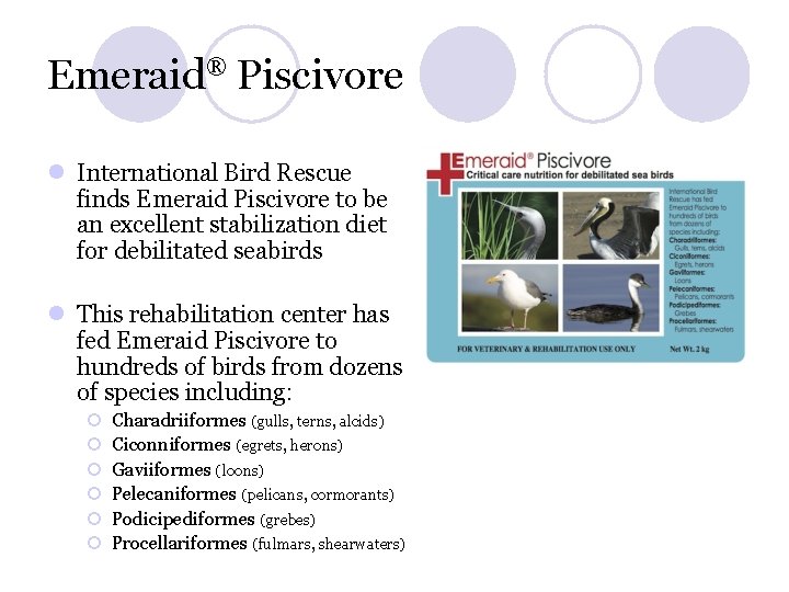 Emeraid® Piscivore l International Bird Rescue finds Emeraid Piscivore to be an excellent stabilization