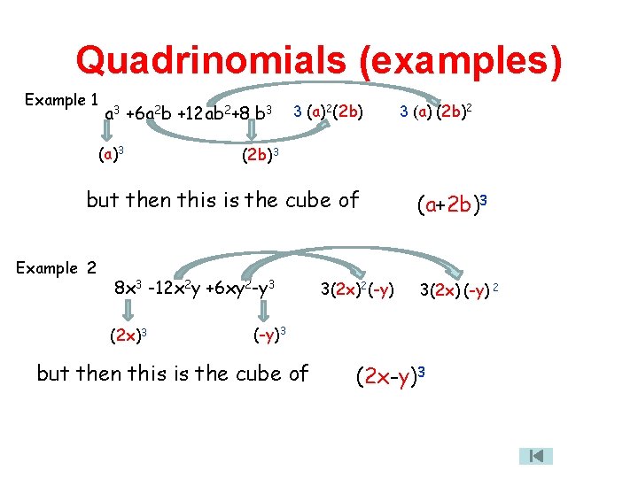 Quadrinomials (examples) Example 1 a 3 +6 a 2 b +12 ab 2+8 b
