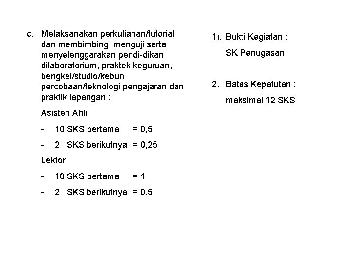 c. Melaksanakan perkuliahan/tutorial dan membimbing, menguji serta menyelenggarakan pendi-dikan dilaboratorium, praktek keguruan, bengkel/studio/kebun percobaan/teknologi