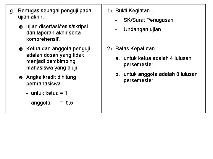 g. Bertugas sebagai penguji pada ujian akhir. ☻ ujian disertasi/tesis/skripsi dan laporan akhir serta