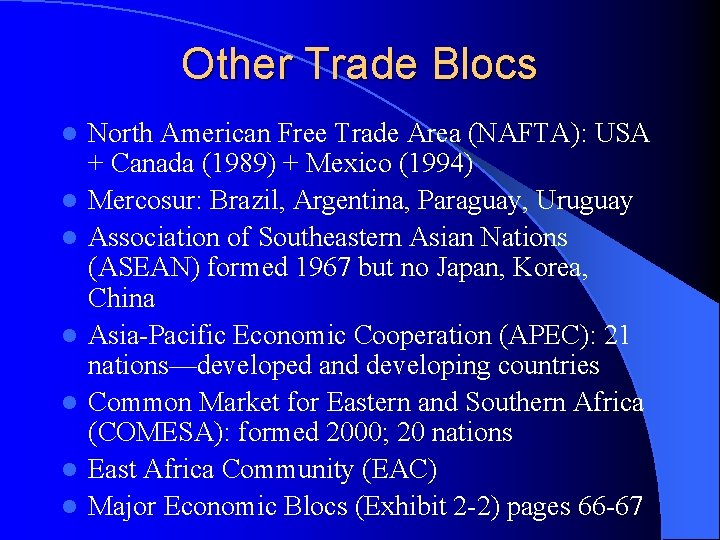 Other Trade Blocs l l l l North American Free Trade Area (NAFTA): USA