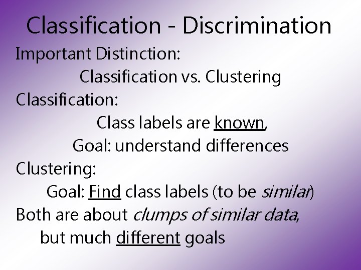 Classification - Discrimination Important Distinction: Classification vs. Clustering Classification: Class labels are known, Goal: