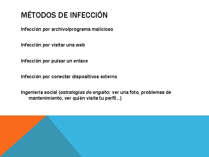 MÉTODOS DE INFECCIÓN Infección por archivo/programa malicioso Infección por visitar una web Infección por