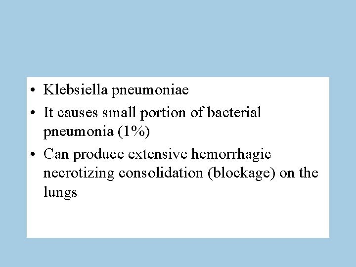  • Klebsiella pneumoniae • It causes small portion of bacterial pneumonia (1%) •