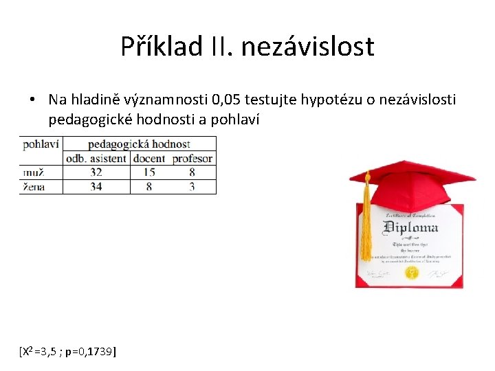 Příklad II. nezávislost • Na hladině významnosti 0, 05 testujte hypotézu o nezávislosti pedagogické