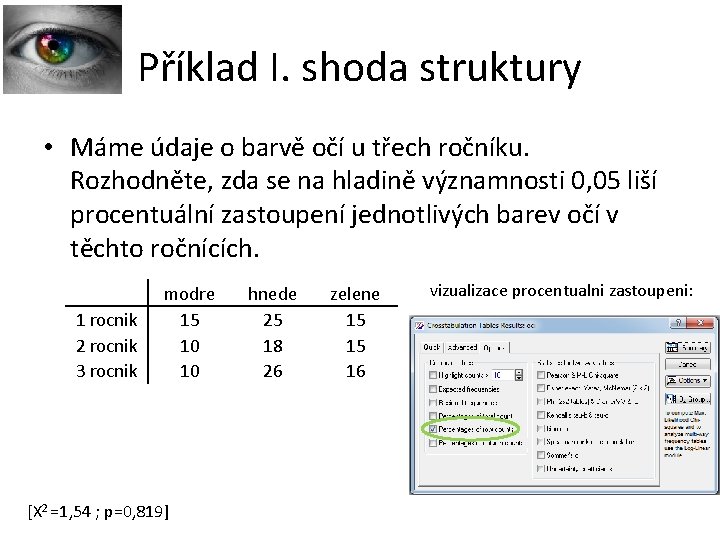 Příklad I. shoda struktury • Máme údaje o barvě očí u třech ročníku. Rozhodněte,