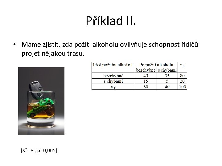 Příklad II. • Máme zjistit, zda požití alkoholu ovlivňuje schopnost řidičů projet nějakou trasu.