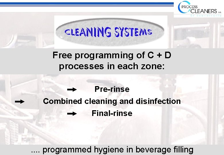 Free programming of C + D processes in each zone: Pre-rinse Combined cleaning and