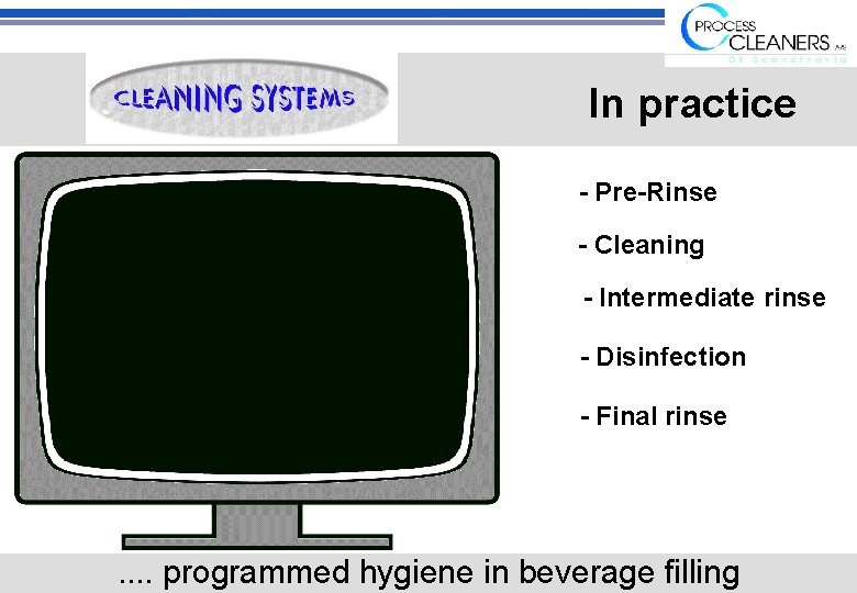 In practice - Pre-Rinse - Cleaning - Intermediate rinse - Disinfection - Final rinse