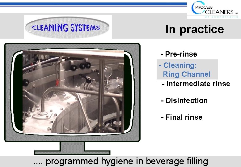 In practice - Pre-rinse - Cleaning: Ring Channel - Intermediate rinse - Disinfection -