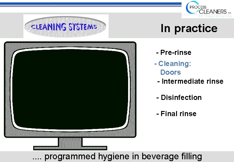 In practice - Pre-rinse - Cleaning: Doors - Intermediate rinse - Disinfection - Final