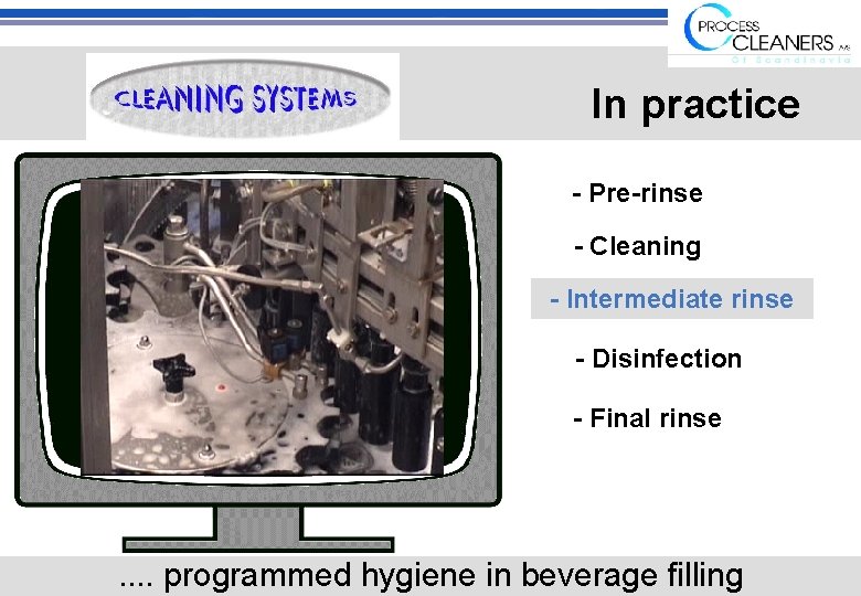In practice - Pre-rinse - Cleaning - Intermediate rinse - Disinfection - Final rinse