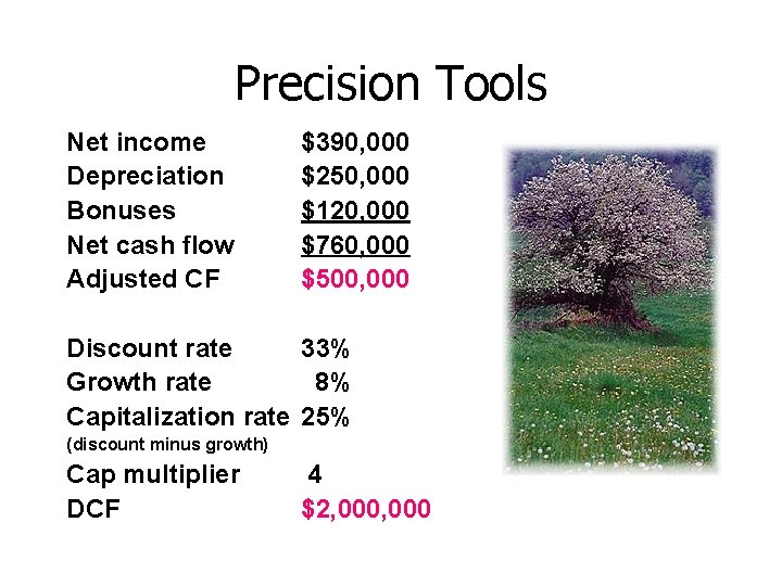 Precision Tools Net income Depreciation Bonuses Net cash flow Adjusted CF $390, 000 $250,