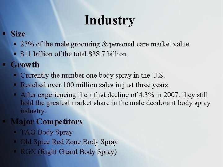 Industry § Size § 25% of the male grooming & personal care market value