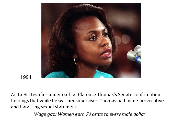 1991 Anita Hill testifies under oath at Clarence Thomas’s Senate confirmation hearings that while