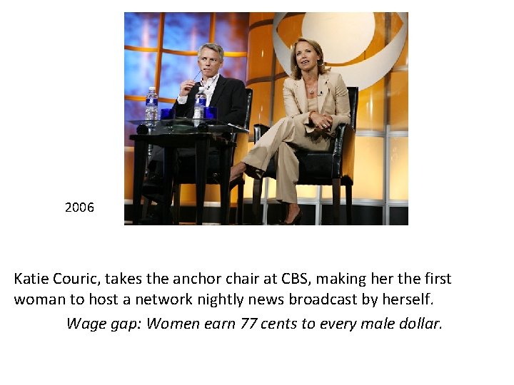 2006 Katie Couric, takes the anchor chair at CBS, making her the first woman