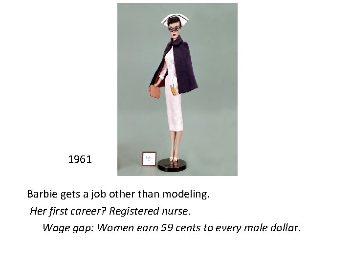 1961 Barbie gets a job other than modeling. Her first career? Registered nurse. Wage