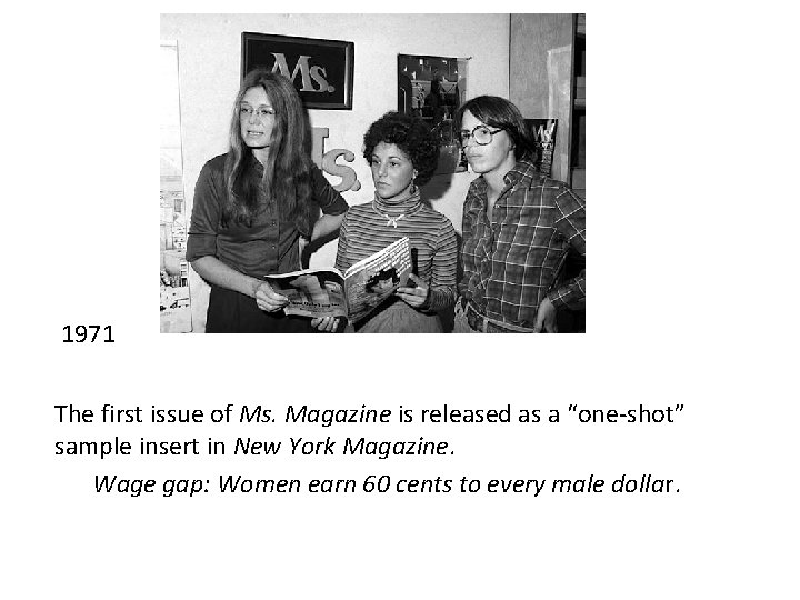 1971 The first issue of Ms. Magazine is released as a “one-shot” sample insert