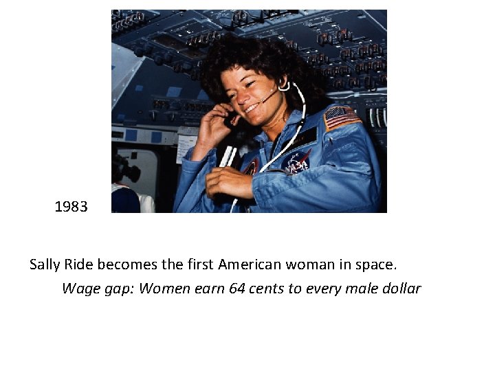 1983 Sally Ride becomes the first American woman in space. Wage gap: Women earn