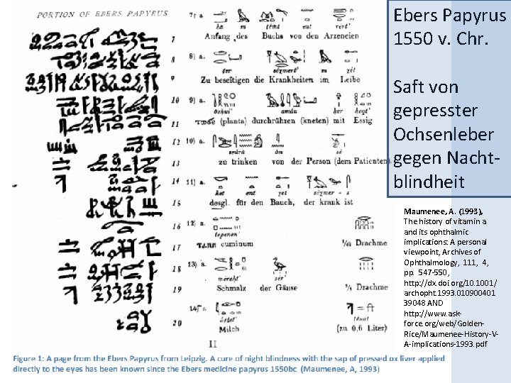Ebers Papyrus 1550 v. Chr. Saft von gepresster Ochsenleber gegen Nachtblindheit Maumenee, A. (1993),