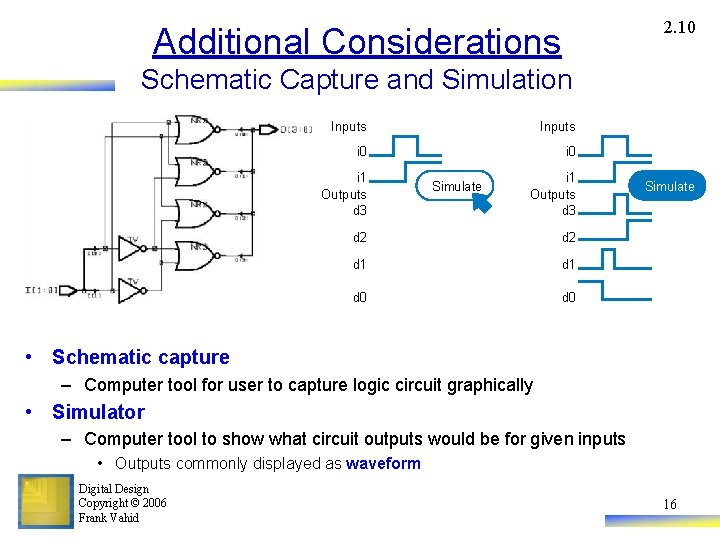 2. 10 Additional Considerations Schematic Capture and Simulation Inputs i 0 i 1 Outputs