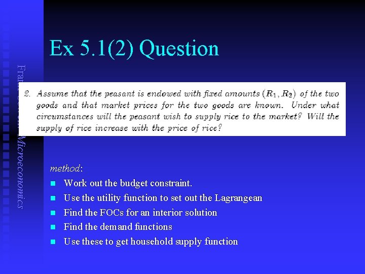 Ex 5. 1(2) Question Frank Cowell: Microeconomics method: n Work out the budget constraint.
