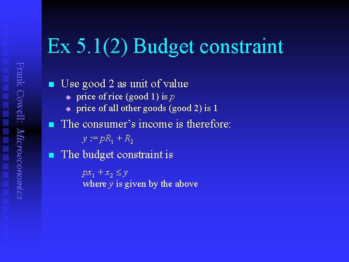 Ex 5. 1(2) Budget constraint Frank Cowell: Microeconomics n Use good 2 as unit