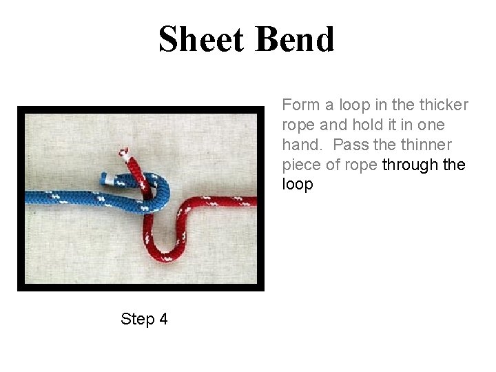 Sheet Bend Form a loop in the thicker rope and hold it in one