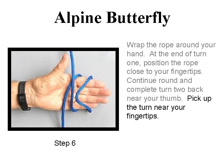 Alpine Butterfly Wrap the rope around your hand. At the end of turn one,