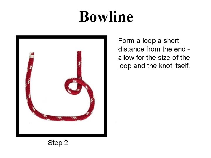 Bowline Form a loop a short distance from the end allow for the size