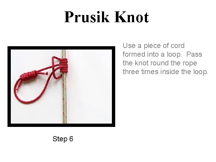 Prusik Knot Use a piece of cord formed into a loop. Pass the knot