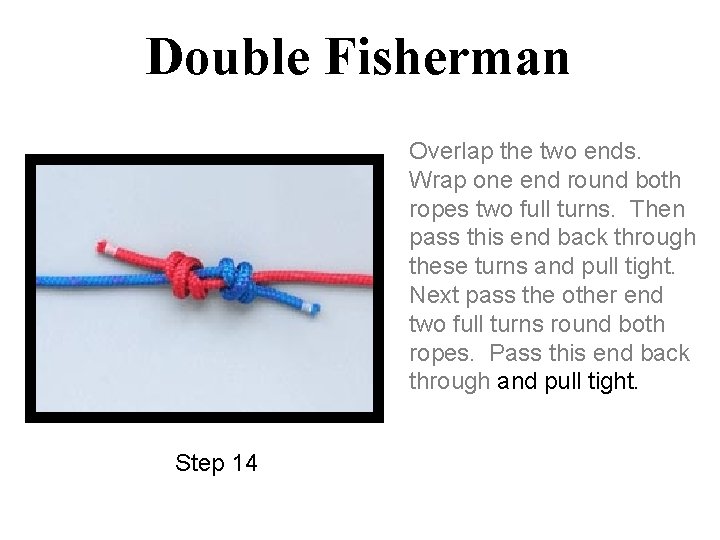 Double Fisherman Overlap the two ends. Wrap one end round both ropes two full