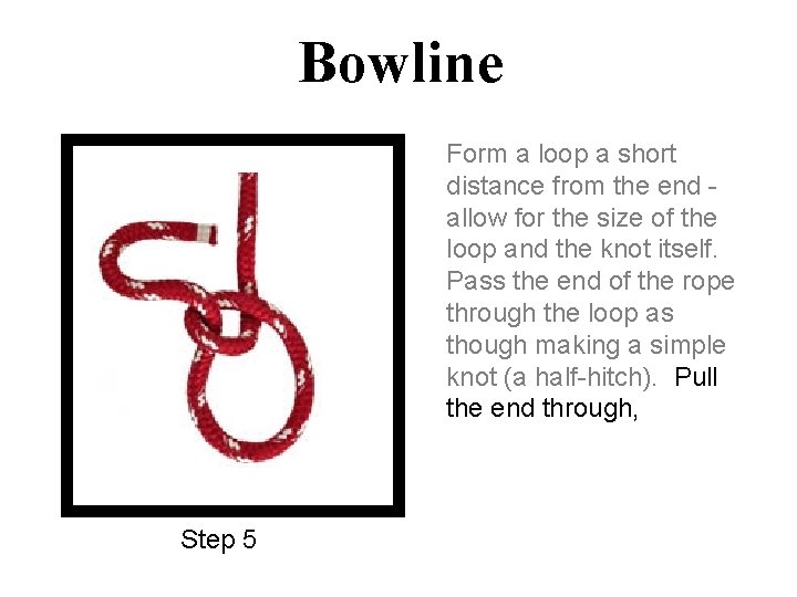 Bowline Form a loop a short distance from the end allow for the size