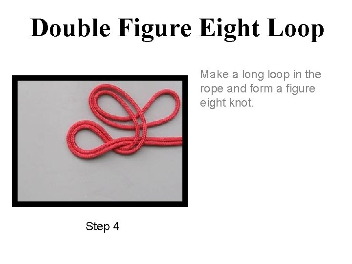 Double Figure Eight Loop Make a long loop in the rope and form a