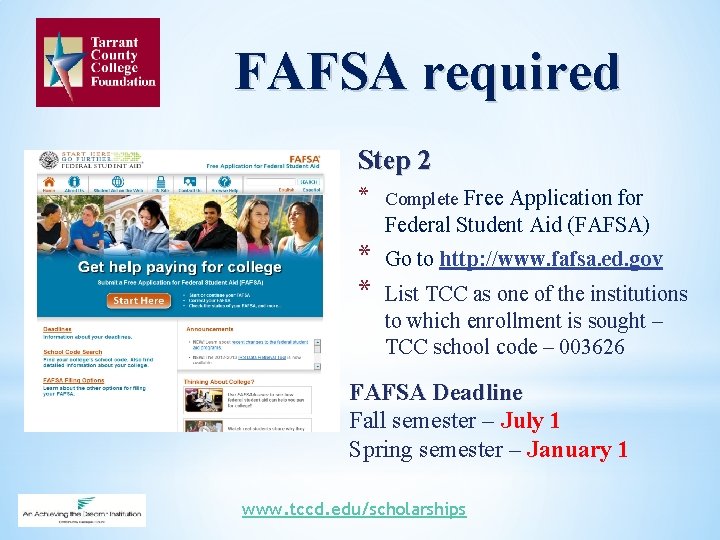FAFSA required Step 2 * Complete Free Application for Federal Student Aid (FAFSA) *
