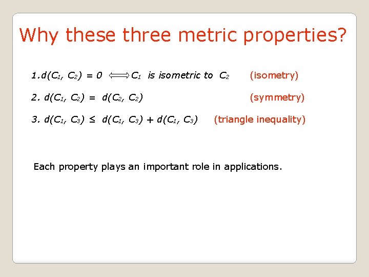 Why these three metric properties? 1. d(C 1, C 2) = 0 C 1