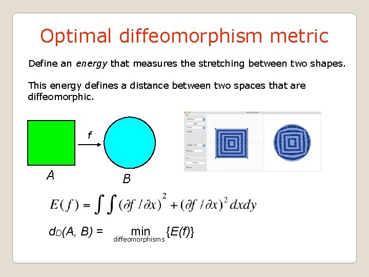 Optimal diffeomorphism metric Define an energy that measures the stretching between two shapes. This