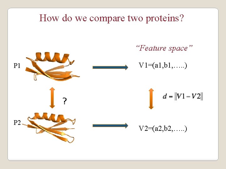 How do we compare two proteins? “Feature space” V 1=(a 1, b 1, ….