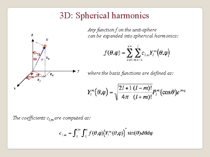 3 D: Spherical harmonics Any function f on the unit-sphere can be expanded into