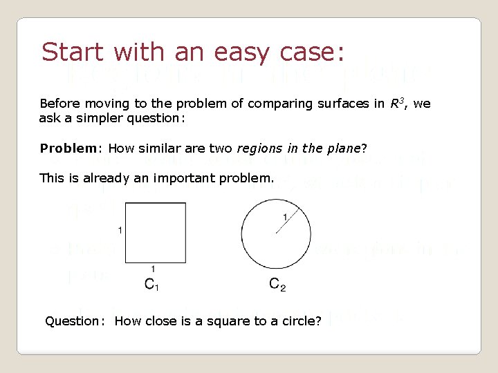 Start with an easy case: Before moving to the problem of comparing surfaces in