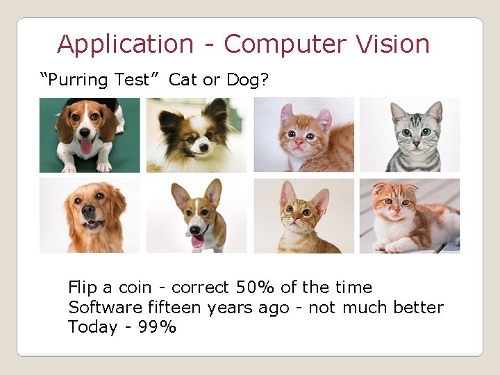 Application - Computer Vision “Purring Test” Cat or Dog? Flip a coin - correct