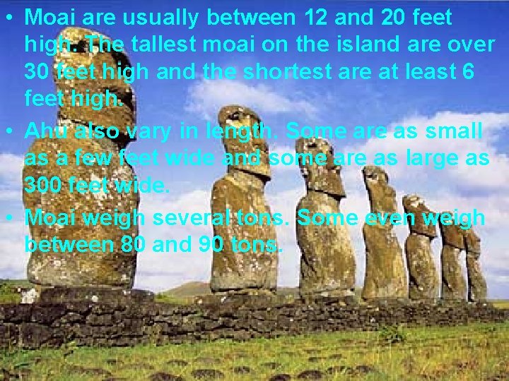  • Moai are usually between 12 and 20 feet high. The tallest moai