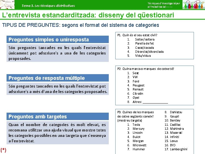 Tema 3. Les tècniques distributives Tècniques d’Investigació per al Treball Social ------- L’entrevista estandarditzada: