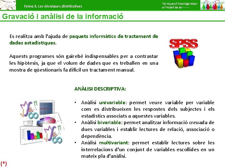 Tema 3. Les tècniques distributives Tècniques d’Investigació per al Treball Social ------- Gravació i