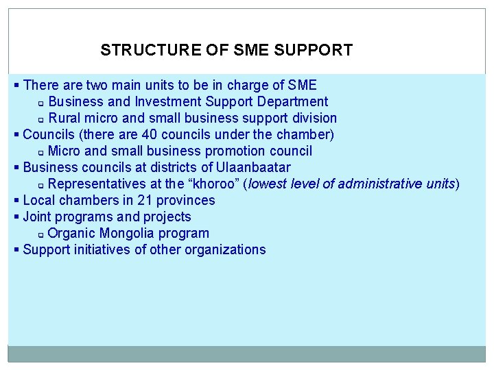  STRUCTURE OF SME SUPPORT § There are two main units to be in